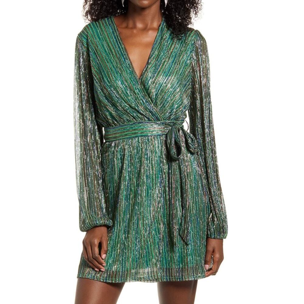 4Sienna Wrap Dress Metallic Stripe New Years Party Glam Cocktail Green Size S